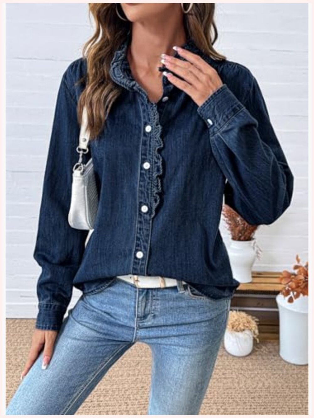 Vintage Denim Button Down Shirt Ruffled Edge Long Sleeve Top - Picture 5 of 7